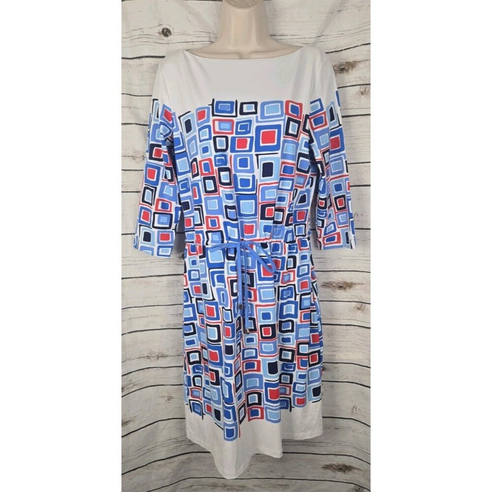 J McLaughlin Red Blue Geometric Shirt Dress L Catalina Cloth Nylon Drawstring